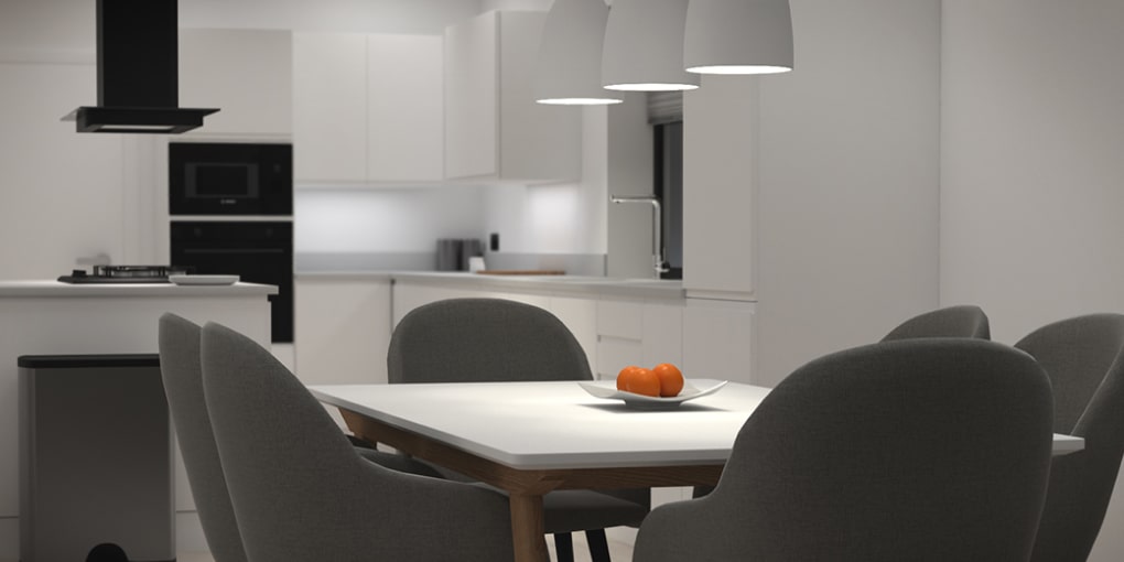 Interior design for a corporate kitchen, dining, and utility space